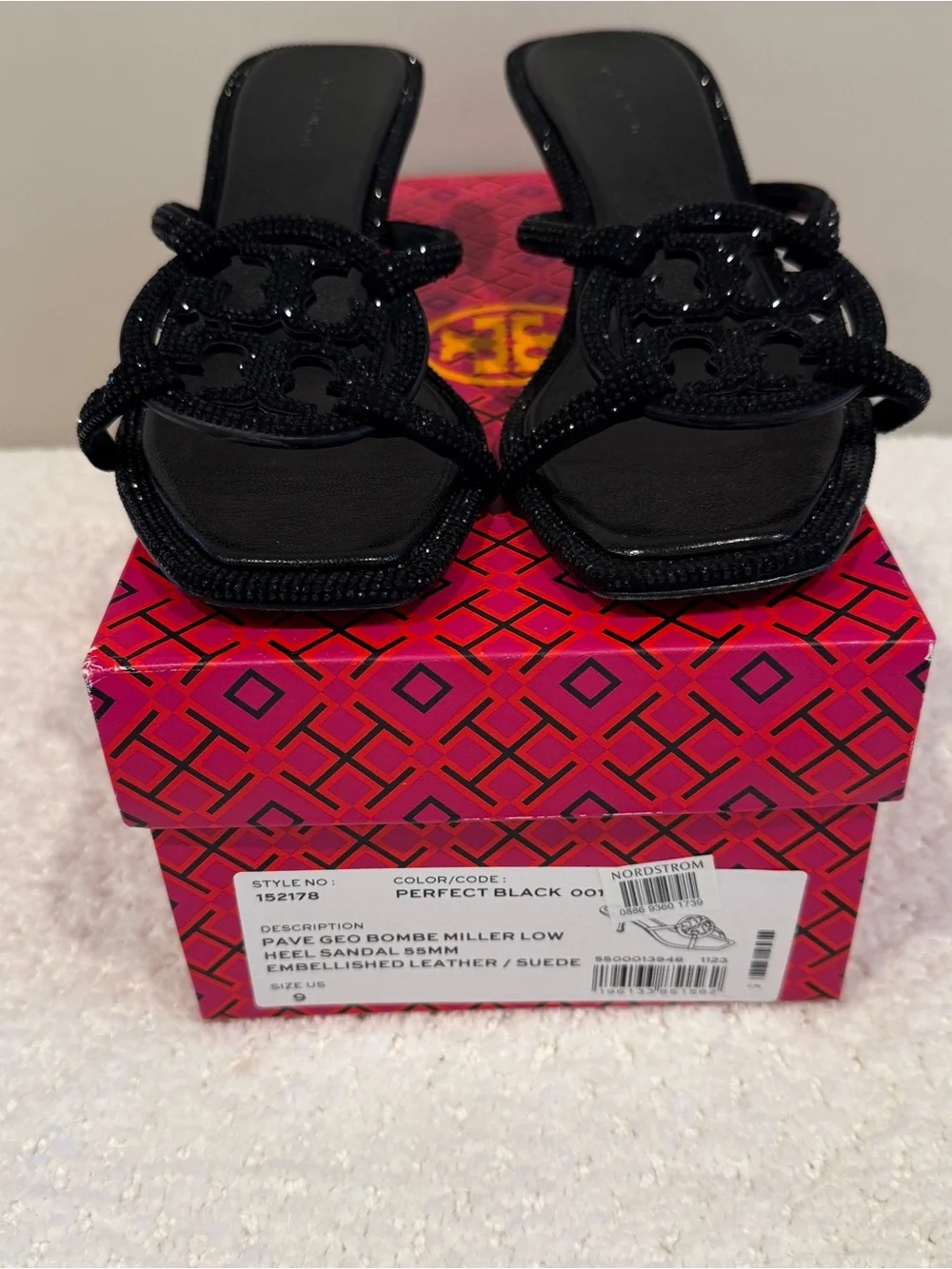 Crystal-Embellished Tory Burch Pave Geo Bombe Miller Low Heel Sandals